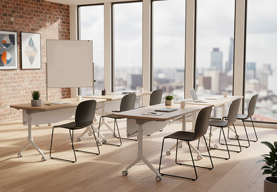 Tribute Adjustable Office Training Desks in castin oak and warm white arranged in two rows of two within a modern classroom interior, featuring mobile partitioned training tables with melamine tops, aluminium framing and PU casters for flexible learning and corporate training environments.