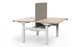 Vivo Up Elevate Height-Adjustable Workstation on a white background, featuring a 25mm E0-grade melamine desktop with ABS edge banding, dual-motor sit-stand steel leg system, integrated flip-up cable box, concealed cable management, fabric privacy screen and smart OLED controller; ergonomic height-adjustable workstation designed for modern, tech-enabled office environments.
