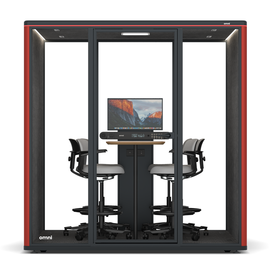 Omni SixCounter Meeting Table (+ Monitor Stand) / RAL Tomato Red / #615f5d