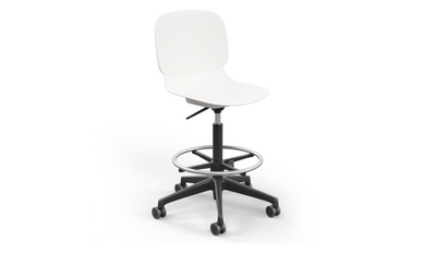 Aarhus Swivel Counter Stool by Quell Design in white positioned around a modern kitchen island with wooden countertops and pendant lighting. Featuring a smooth moulded polypropylene seat, adjustable gas-lift height, 360-degree swivel, integrated footrest ring, and sturdy five-star base, this Scandinavian-inspired stool blends ergonomic comfort with minimalist contemporary style for residential and commercial interiors.