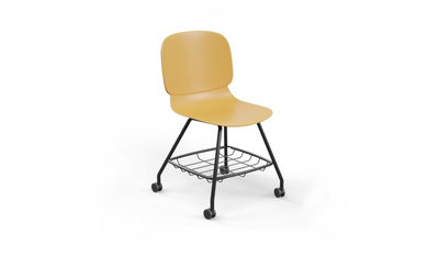 Aarhus Eiffel Chair V2 by Quell Design — a task/education chair in ginger with a contoured moulded polypropylene seat, smooth-rolling four-wheel base and metal mesh storage under the seat. Designed for classrooms or offices, it offers ergonomic support, mobility and organised practicality for learning and working environments.