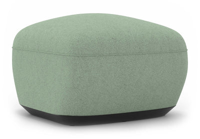 Byorne Low Back Stool in dusty teal, dark grey and pebble upholstery, featuring a compact sculpted form with a low contemporary profile. Built with high-density moulded foam and a welded steel internal frame for lasting comfort and structure, the stool is supported by injected-moulded nylon legs for stability. Designed to integrate seamlessly with other Byorne modular seating elements or function as a standalone piece in lounges, reception areas and modern hospitality interiors.