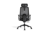 Aarhus Mesh High-Back Office Chair in black shown on a white background, featuring a breathable mesh backrest with built-in lumbar support, height-adjustable headrest, moulded-foam fabric seat with seat-slide function, and 3D adjustable armrests with PU pads. Designed for ergonomic workplace comfort, the chair includes a multi-locking synchro mechanism, smooth gas-lift height adjustment and a durable nylon base with black PU castors for reliable mobility in modern office settings.