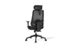 Aarhus Mesh High-Back Office Chair in black shown on a white background, featuring a breathable mesh backrest with built-in lumbar support, height-adjustable headrest, moulded-foam fabric seat with seat-slide function, and 3D adjustable armrests with PU pads. Designed for ergonomic workplace comfort, the chair includes a multi-locking synchro mechanism, smooth gas-lift height adjustment and a durable nylon base with black PU castors for reliable mobility in modern office settings.