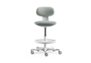 Toro Pivot Motion Barstool in grey/white shown on a white background, featuring a height-adjustable moulded-foam backrest upholstered in Gabriel Mozart fabric, a plastic seat shell with adjustable height and moulded-foam cushioning, and a Class-4 gas lift for smooth elevation. Designed for ergonomic comfort in modern workplaces, the barstool includes a sturdy nylon base, integrated foot ring and PU castors for stable, flexible mobility in contemporary bar-height and collaborative settings.