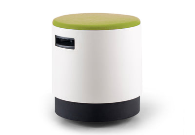 Ikon Rounded Comfort Stool in green shown on a clean white background, featuring a fabric seat, white rounded plastic shell and PP engineered plastic base. Modern ergonomic stool designed for contemporary offices, collaborative spaces and commercial interiors.