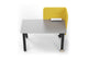 The LinForm Privacy Hot Desk shown on a white background, this modern workstation features a powder-coated MDF tabletop with smooth bevelled edges, supported by a sturdy aluminium alloy frame with sculpted legs and die-cast connectors. The desk includes a fabric privacy screen for acoustic comfort, PU castors for easy mobility, and an integrated multifunctional socket, offering a refined, flexible solution for contemporary collaborative and focused workspaces.