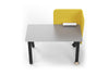 The LinForm Privacy Hot Desk shown on a white background, this modern workstation features a powder-coated MDF tabletop with smooth bevelled edges, supported by a sturdy aluminium alloy frame with sculpted legs and die-cast connectors. The desk includes a fabric privacy screen for acoustic comfort, PU castors for easy mobility, and an integrated multifunctional socket, offering a refined, flexible solution for contemporary collaborative and focused workspaces.