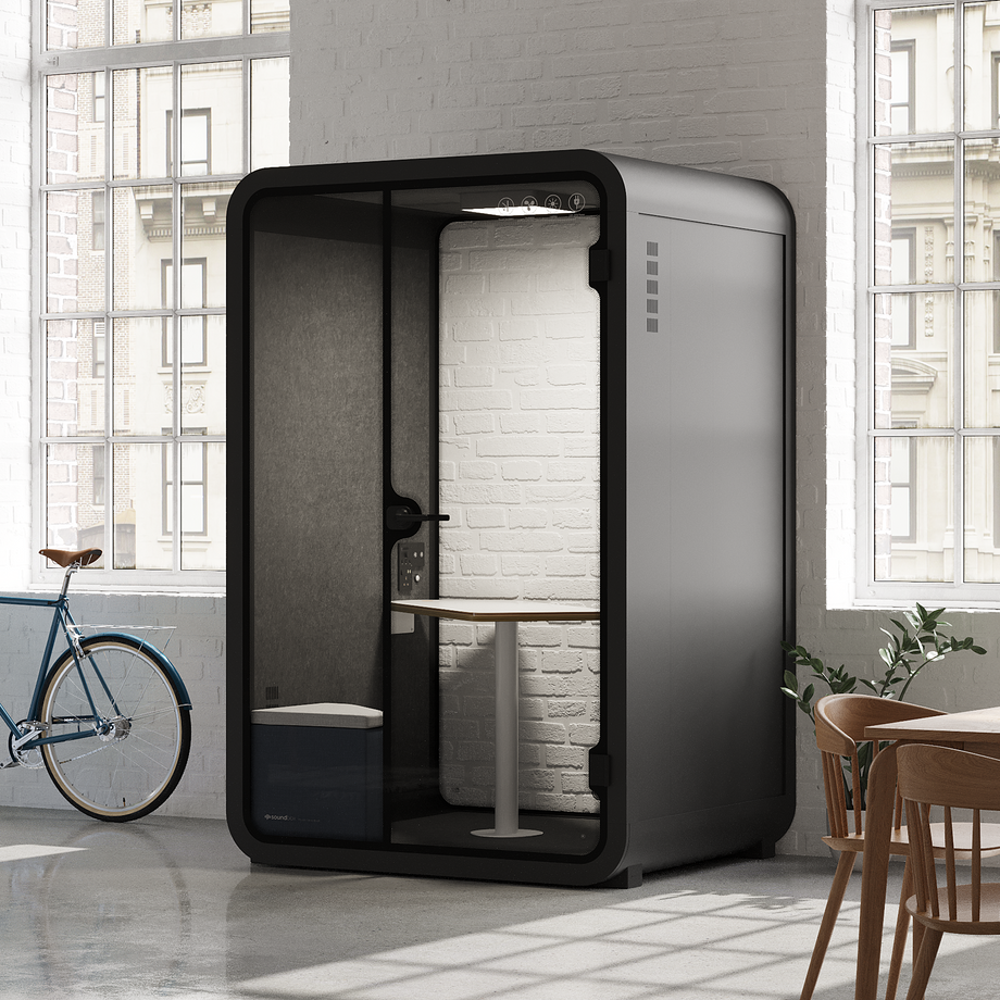 Office Phone Booth Quell - 2 personeCharcoal / Dark Gray / Meeting Room + Table + Corner Stool