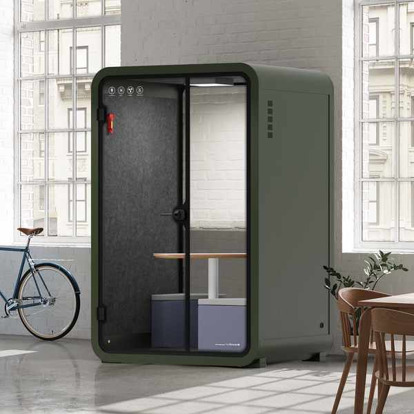 Office Phone Booth Quell - 2 PersonGreen / Dark Gray / Meeting Room + Table + Corner Stool