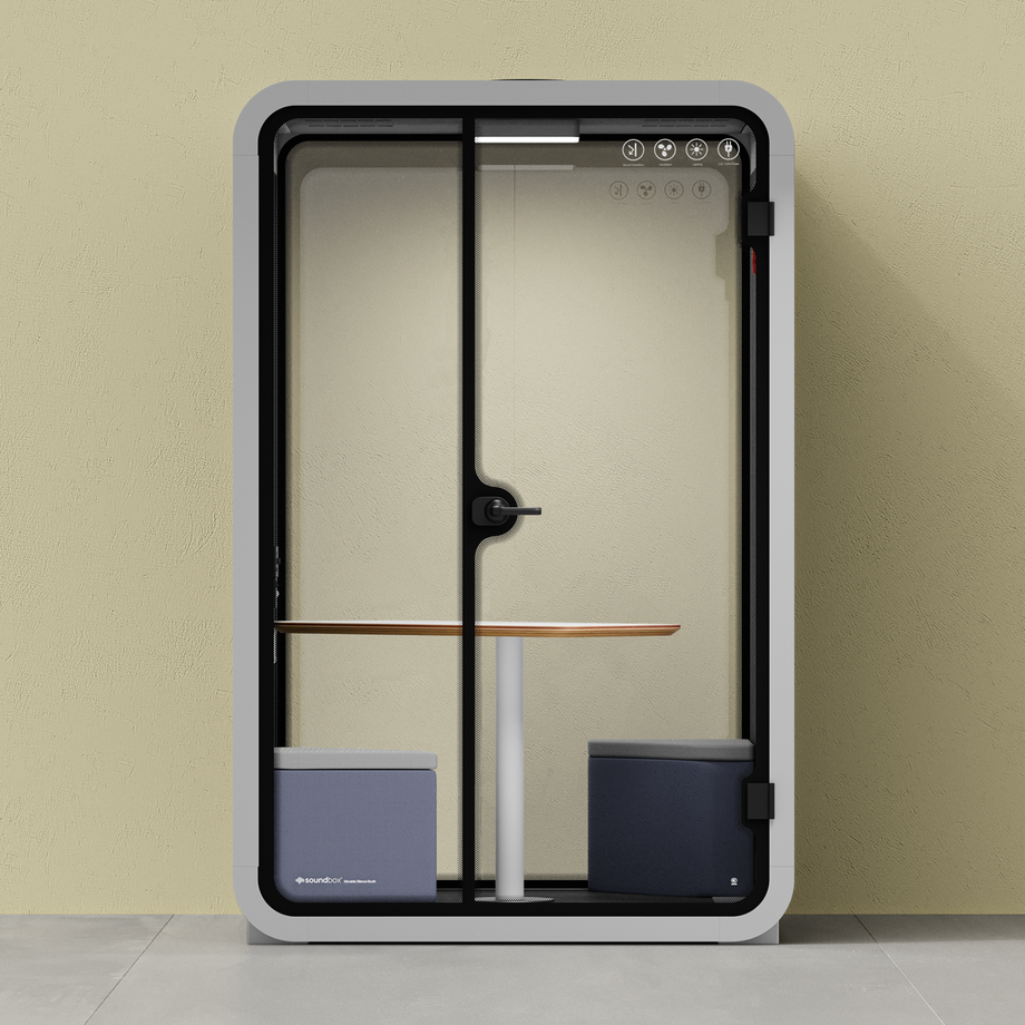 Office Phone Booth Quell - 2 personeLight Grey / Dark Gray / Meeting Room + Table + Corner Stool