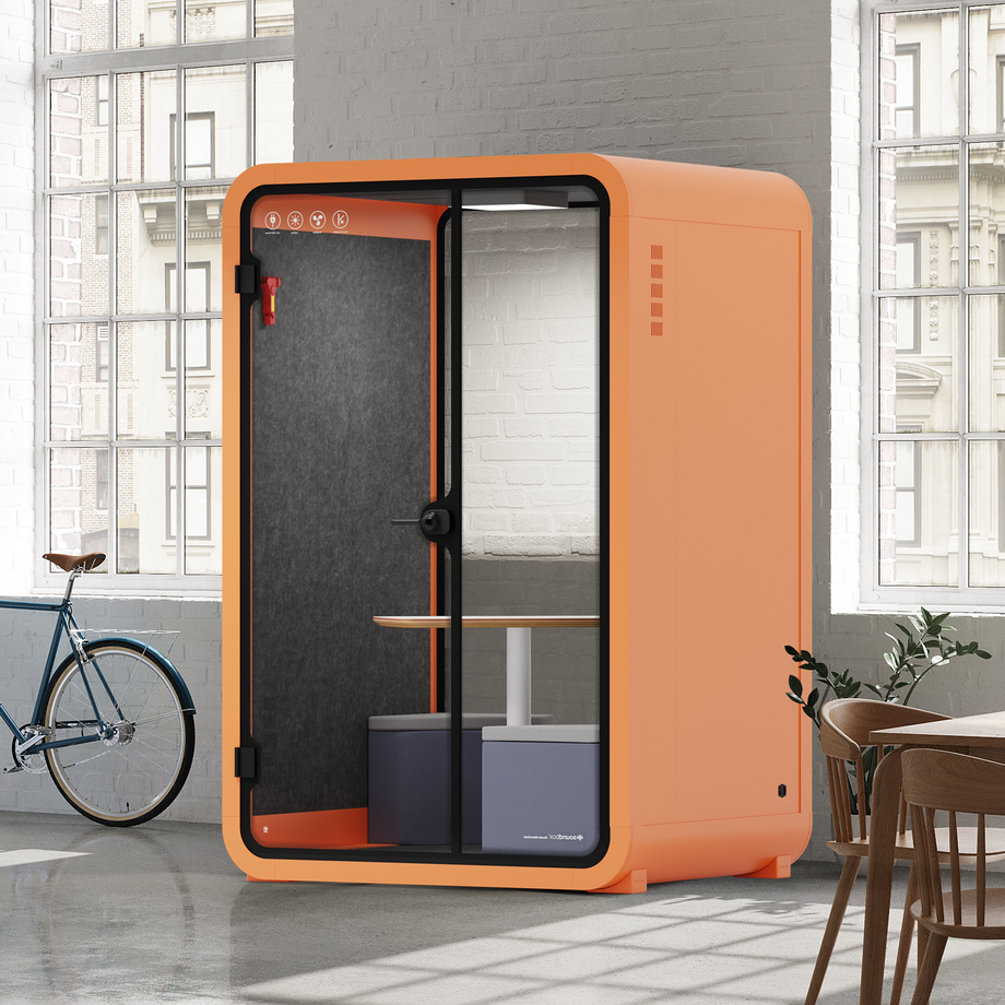 Office Phone Booth Quell - 2 personeOrange / Dark Gray / Meeting Room + Table + Corner Stool