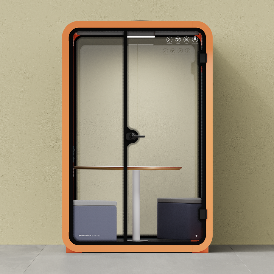 Office Phone Booth Quell - 2 personeOrange / Dark Gray / Meeting Room + Table + Corner Stool