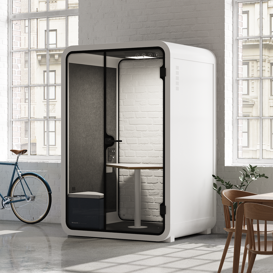 Office Phone Booth Quell - 2 personeWhite / Dark Gray / Meeting Room + Table + Corner Stool