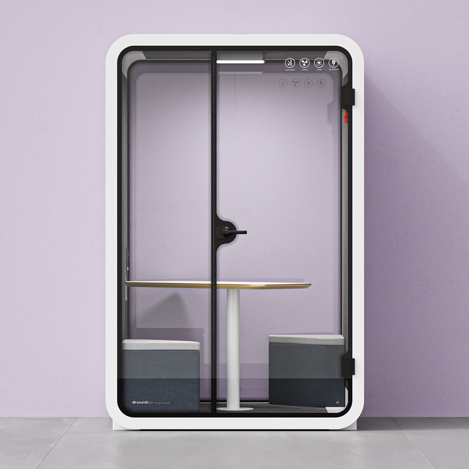 Office Phone Booth Quell - 2 personeWhite / Dark Gray / Meeting Room + Table + Corner Stool