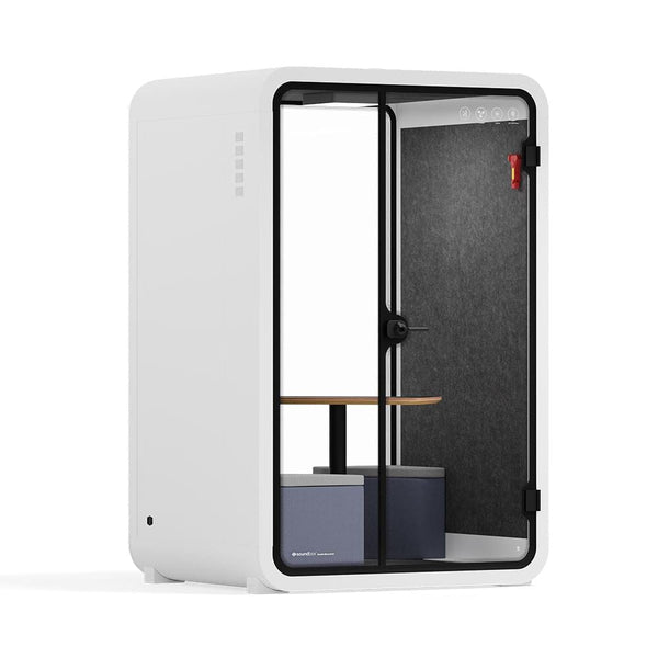 Office Phone Booth Quell - 2 PersonWhite / Dark Gray / Meeting Room + Table + Corner Stool