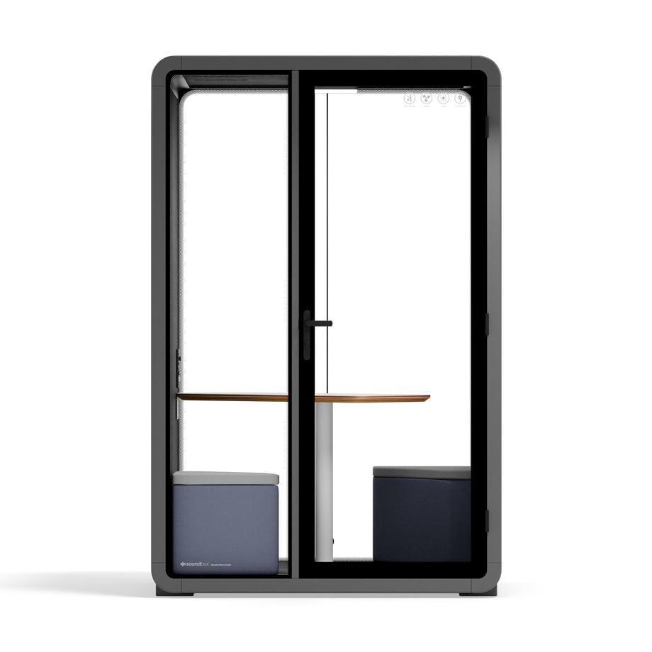 Quell+ - 2 Person PodWooden / Dark Gray / Meeting Room + Table + Corner Stool