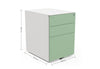Moda Mobile Filing Cabinet on a white background shown beside its dimensions (Width 390mm × Depth 523mm × Height 567mm), highlighting its powder-coated steel construction, Hettich slide rails, front lock and POM casters; modern, durable mobile office storage for efficient organisation.