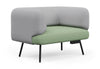 Omni Lounge Chair upholstered in Sunday OTE 100% polyester fabric featuring a high supportive backrest, enveloping sculpted side panels and a deep cushioned seat for ergonomic comfort. Shown in light grey and dusty teal, this contemporary lounge chair is designed for modern office lounges, reception areas and breakout rooms.  Omni offers stylish commercial seating with durable upholstery and a refined modular design.