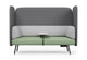 Omni Acoustic Lounge Sofa upholstered in Sunday OTE 100% polyester fabric featuring high acoustic side panels, a supportive backrest and an integrated central table. Shown in dark grey, light grey and dusty teal. This contemporary acoustic sofa is designed for open-plan offices, co-working spaces, reception areas, breakout zones, libraries and education environments, creating a semi-private seating area that supports focused work, informal meetings, video calls and collaborative workplace discussions.