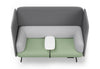 Omni Acoustic Lounge Sofa upholstered in Sunday OTE 100% polyester fabric featuring high acoustic side panels, a supportive backrest and an integrated central table. Shown in dark grey, light grey and dusty teal. This contemporary acoustic sofa is designed for open-plan offices, co-working spaces, reception areas, breakout zones, libraries and education environments, creating a semi-private seating area that supports focused work, informal meetings, video calls and collaborative workplace discussions.
