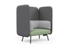 Omni Acoustic Lounge Chair upholstered in Sunday OTE 100% polyester fabric featuring high acoustic side panels, a supportive high backrest, a dee[ cushioned seat designed to enhance comfort and reduce surrounding noise. Shown in dark grey, light grey and dusty teal. This acoustic chair is ideal for open-plan offices, breakout areas, reception spaces and co-working environments, creating a private seating zone for focused work, phone calls and quiet workplace collaboration.