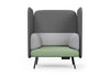 Omni Acoustic Lounge Chair upholstered in Sunday OTE 100% polyester fabric featuring high acoustic side panels, a supportive high backrest, a dee[ cushioned seat designed to enhance comfort and reduce surrounding noise. Shown in dark grey, light grey and dusty teal. This acoustic chair is ideal for open-plan offices, breakout areas, reception spaces and co-working environments, creating a private seating zone for focused work, phone calls and quiet workplace collaboration.