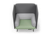 Omni Acoustic Lounge Chair upholstered in Sunday OTE 100% polyester fabric featuring high acoustic side panels, a supportive high backrest, a dee[ cushioned seat designed to enhance comfort and reduce surrounding noise. Shown in dark grey, light grey and dusty teal. This acoustic chair is ideal for open-plan offices, breakout areas, reception spaces and co-working environments, creating a private seating zone for focused work, phone calls and quiet workplace collaboration.