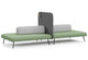 Omni Acoustic Bench System for open-plan offices and collaborative workspaces, featuring modular upholstered bench seating with a central acoustic privacy divider for noise reduction and focused work. This office breakout seating solution includes integrated side tables, built-in power outlets and a storage hook, creating a functional workspace for meetings, touchdown work and flexible office environments.