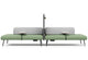 Omni Acoustic Bench System for open-plan offices and collaborative workspaces, featuring modular upholstered bench seating with a central acoustic privacy divider for noise reduction and focused work. This office breakout seating solution includes integrated side tables, built-in power outlets and a storage hook, creating a functional workspace for meetings, touchdown work and flexible office environments.