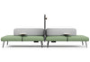 Omni Acoustic Bench System for open-plan offices and collaborative workspaces, featuring modular upholstered bench seating with a central acoustic privacy divider for noise reduction and focused work. This office breakout seating solution includes integrated side tables, built-in power outlets and a storage hook, creating a functional workspace for meetings, touchdown work and flexible office environments.