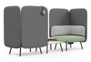 Omni Dual-Facing Acoustic Seating for open-plan offices and co-working spaces, featuring modular corner seating with integrated acoustic privacy panels for noise reduction and focused work. Upholstered in dusty teal with pebble grey backrests, this office booth seating solution includes a central table with built-in power outlets, making it ideal for collaboration work, flexible workspaces and modern breakout areas.