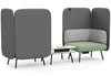 Omni Dual-Facing Acoustic Seating for open-plan offices and co-working spaces, featuring modular corner seating with integrated acoustic privacy panels for noise reduction and focused work. Upholstered in dusty teal with pebble grey backrests, this office booth seating solution includes a central table with built-in power outlets, making it ideal for collaboration work, flexible workspaces and modern breakout areas.