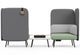 Omni Dual-Facing Acoustic Seating for open-plan offices and co-working spaces, featuring modular corner seating with integrated acoustic privacy panels for noise reduction and focused work. Upholstered in dusty teal with pebble grey backrests, this office booth seating solution includes a central table with built-in power outlets, making it ideal for collaboration work, flexible workspaces and modern breakout areas.
