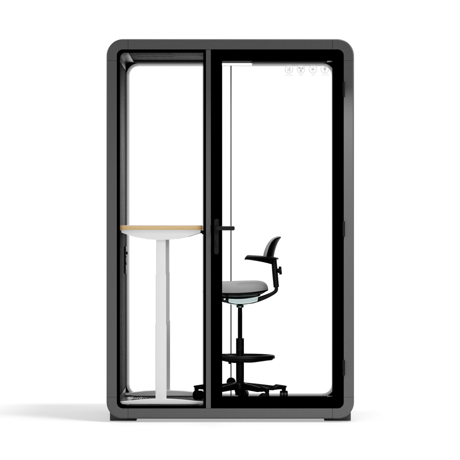 Quell+ - 2 Person PodWooden / Dark Gray / Electric Adjustable Work Station + Stool