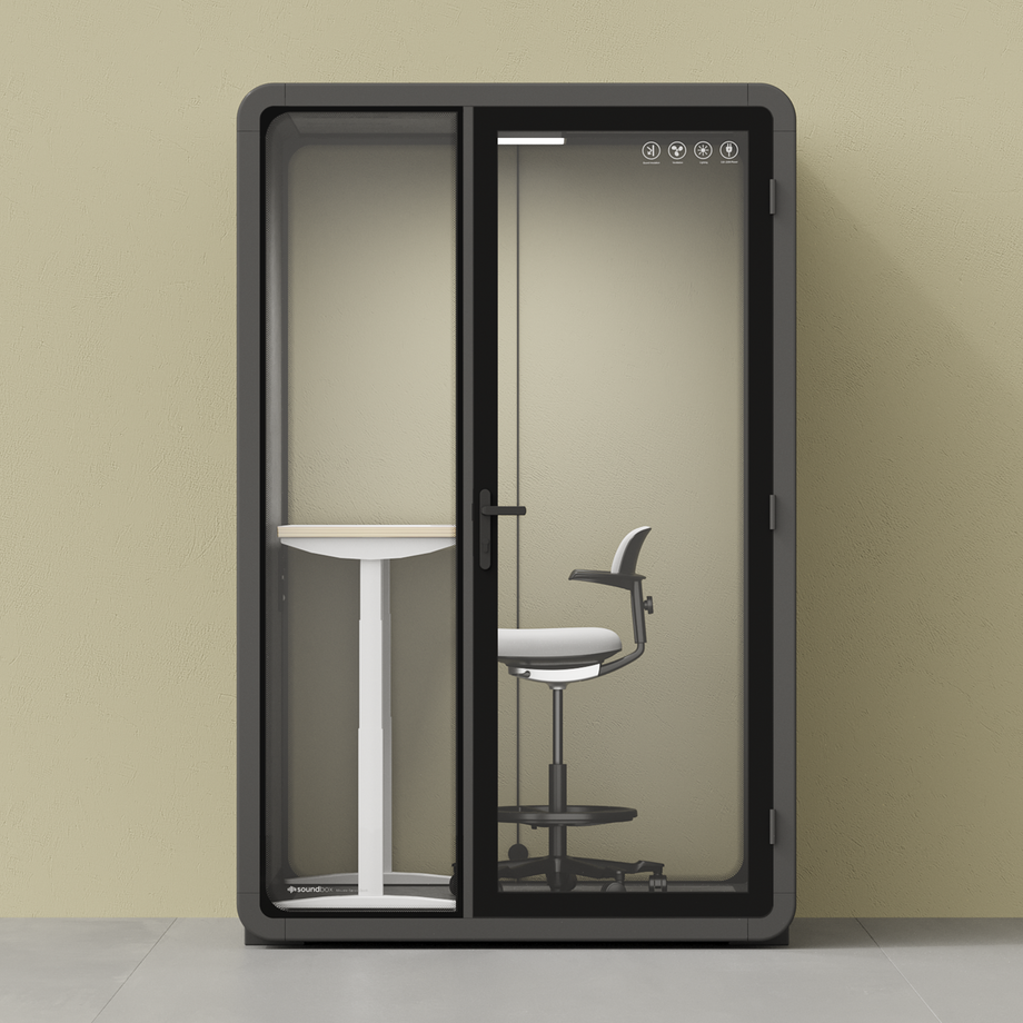 Quell+ - 2 Person PodWooden / Dark Gray / Electric Adjustable Work Station + Stool