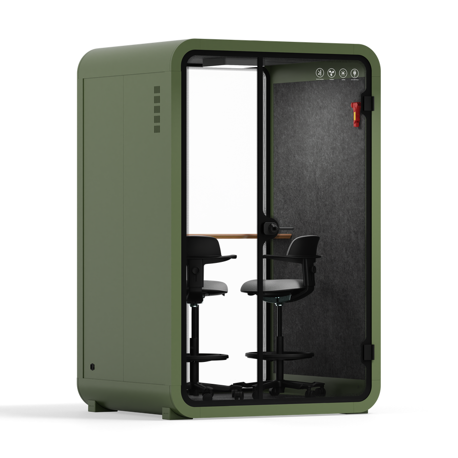 Office Phone Booth Quell - 2 personeGreen / Dark Gray / Dual Zoom Room + Device Shelf + 2 Barstools