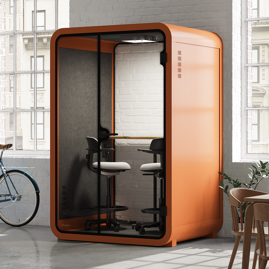 Office Phone Booth Quell - 2 personeOrange / Dark Gray / Dual Zoom Room + Device Shelf + 2 Barstools