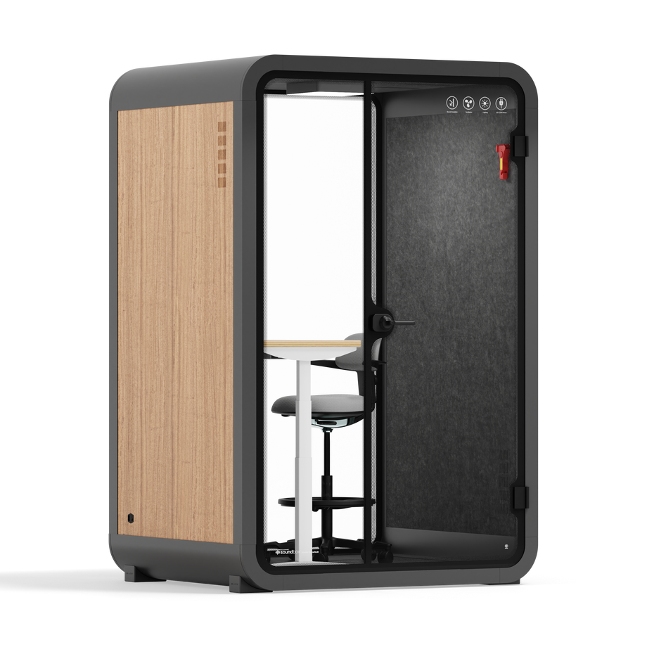 Office Phone Booth Quell - 2 personeWooden / Dark Gray / Electric Adjustable Work Station + Stool
