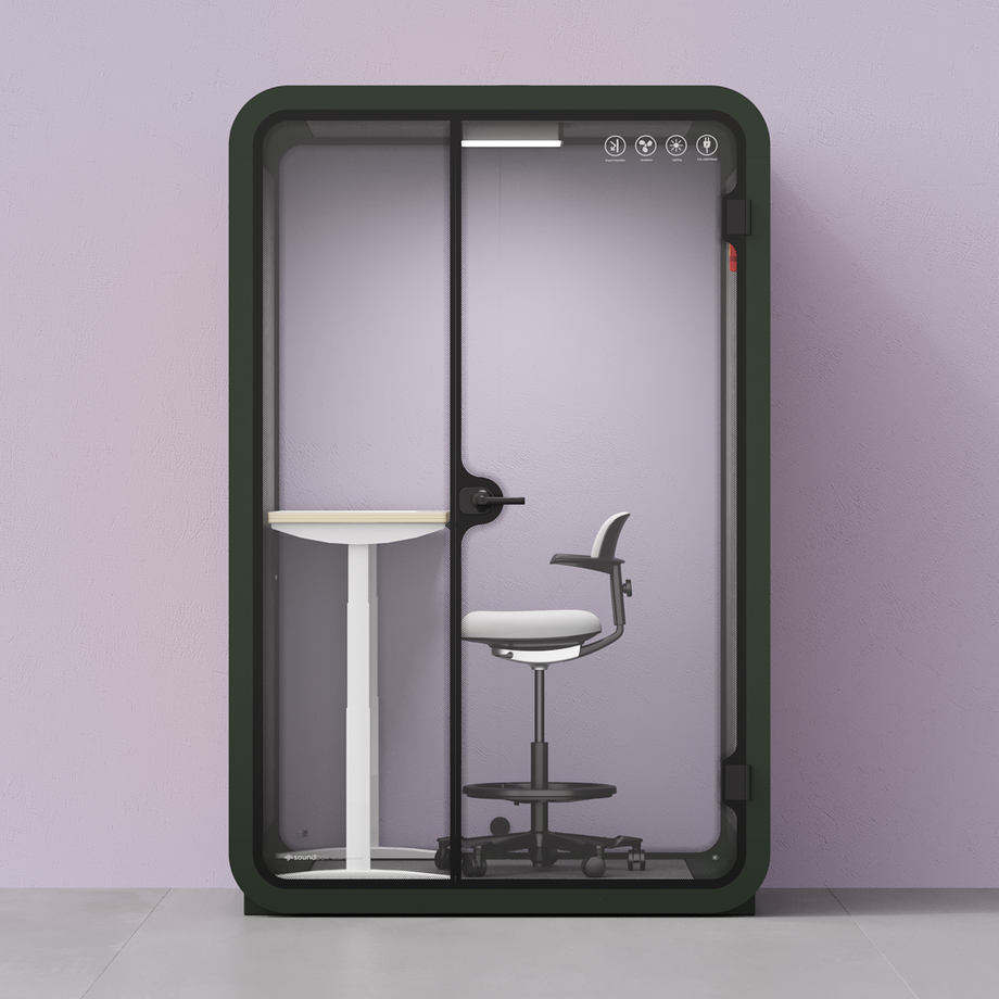Office Phone Booth Quell - 2 personeGreen / Dark Gray / Electric Adjustable Work Station + Stool