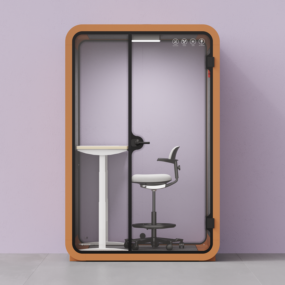 Office Phone Booth Quell - 2 personeOrange / Dark Gray / Electric Adjustable Work Station + Stool