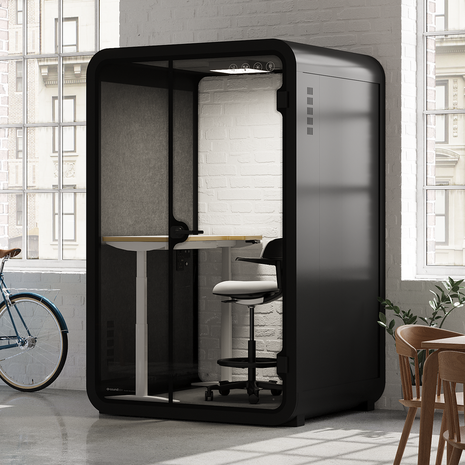 Office Phone Booth Quell - 2 personeCharcoal / Dark Gray / Electric Adjustable Work Station + Stool