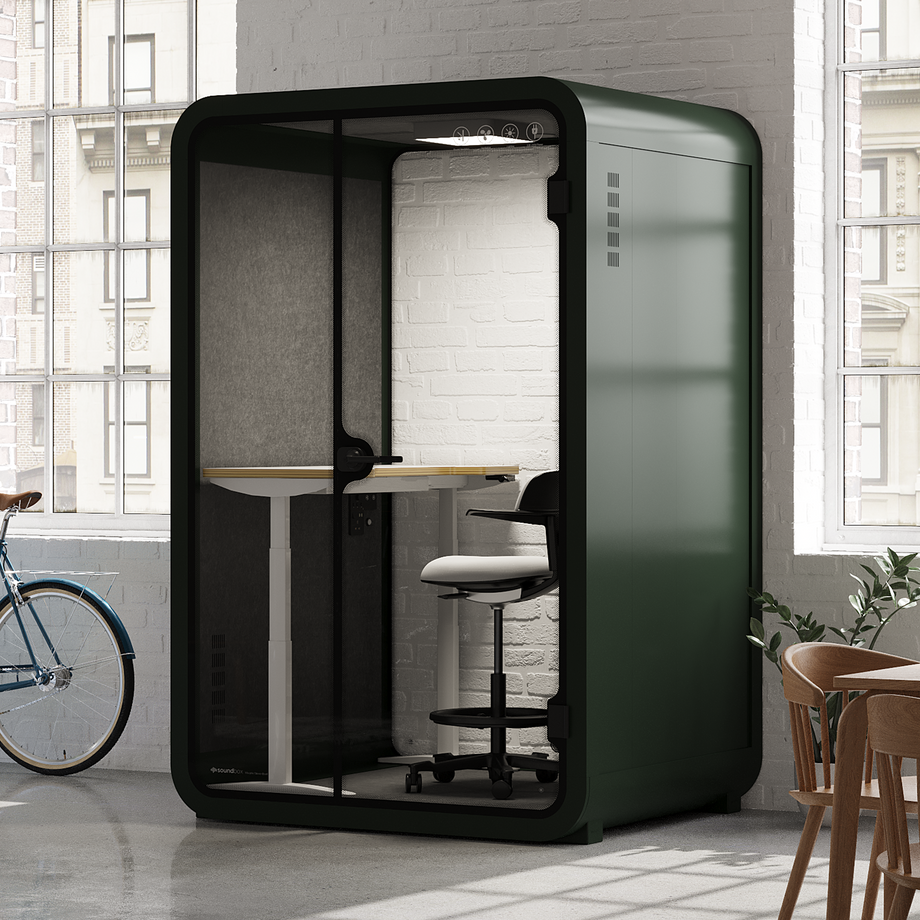 Office Phone Booth Quell - 2 personeGreen / Dark Gray / Electric Adjustable Work Station + Stool