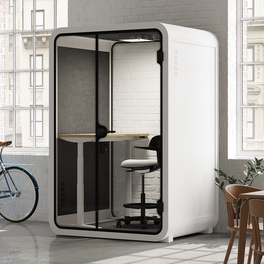 Office Phone Booth Quell - 2 personeWhite / Dark Gray / Electric Adjustable Work Station + Stool