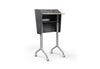Swish Adaptive Presentation Podium in white oak and black on a white background, featuring an 18mm birch plywood body with beveled water-based painted edges, black PET panel, aluminium alloy frame, and medical-grade TPU silent casters; modern mobile presentation podium designed for professional office, training and conference environments.