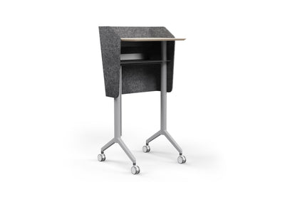 Swish Adaptive Presentation Podium in white oak and black on a white background, featuring an 18mm birch plywood body with beveled water-based painted edges, black PET panel, aluminium alloy frame, and medical-grade TPU silent casters; modern mobile presentation podium designed for professional office, training and conference environments.