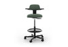 Tulip Adjustable Swivel Stool with integrated armrest and ergonomic support features, available in dark grey, light grey, orange and green. Designed with an adjustable backrest, sliding seat and tilting back support to encourage movement and reduce fatigue, it includes a smooth swivel function and round steel footrest for stability in modern offices and collaborative workspaces.