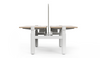 Vivo Up Motion Collaboration Workstation on a white background, featuring an E0-grade 25mm melamine desktop, dual-motor height-adjustable steel legs, integrated cable management, flip-up cable box, fabric privacy screen and smart OLED touch controller; modern sit-stand collaborative workstation designed for ergonomic, tech-enabled office environments.