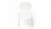 Aarhus Bistro Glide Stackable Chair by Quell Design – sculptural modern chair in white moulded polypropylene shell and sleek electrostatic powder-coated steel frame. The ergonomic, contoured seat offers comfort while its stackable design makes it perfect for dynamic office, café or communal spaces.