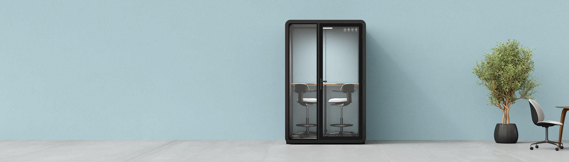Quell - CoWorker - 2 Person Pod, Dual Zoom Room + Device Shelf + 2 Barstools